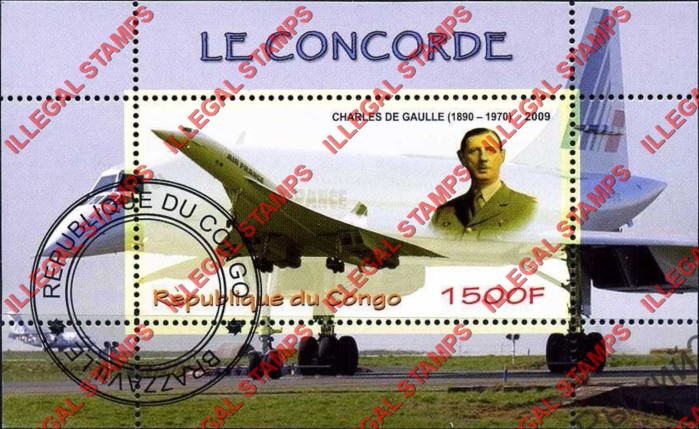 Congo Republic 2009 Concorde Charles de Gaulle Illegal Stamp Souvenir Sheet of 1