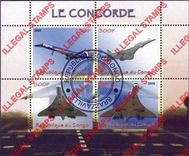 Congo Republic 2009 Concorde Illegal Stamp Souvenir Sheet of 4