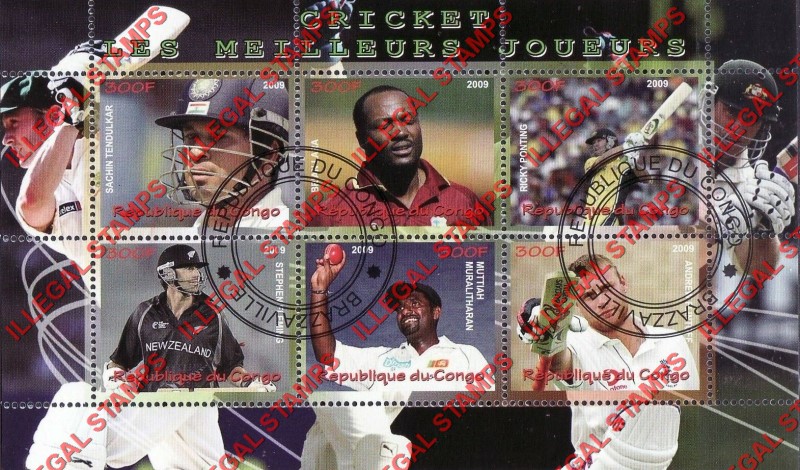 Congo Republic 2009 Cricket Players Illegal Stamp Souvenir Sheet of 6