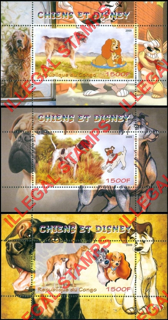 Congo Republic 2009 Dogs Disney Illegal Stamp Souvenir Sheets of 1 (Part 1)