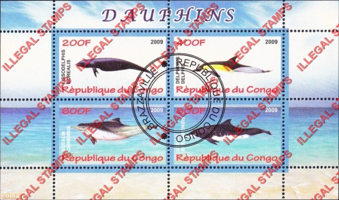 Congo Republic 2009 Dolphins Illegal Stamp Souvenir Sheet of 4
