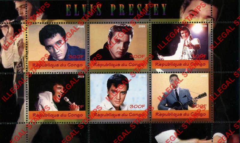 Congo Republic 2009 Elvis Presley Illegal Stamp Souvenir Sheet of 6