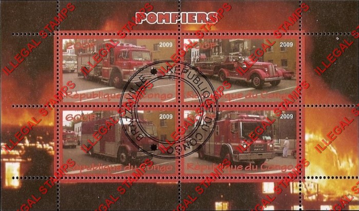 Congo Republic 2009 Fire Departments Illegal Stamp Souvenir Sheet of 4