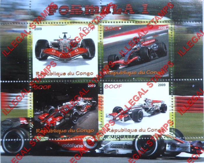 Congo Republic 2009 Formula I Illegal Stamp Souvenir Sheet of 4