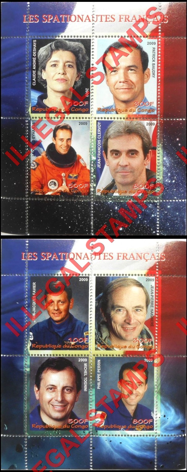 Congo Republic 2009 French Astronauts Illegal Stamp Souvenir Sheets of 4