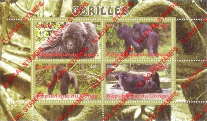 Congo Republic 2009 Gorillas Illegal Stamp Souvenir Sheet of 4