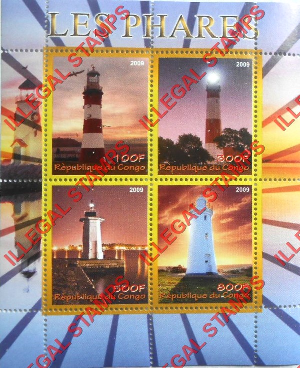 Congo Republic 2009 Lighthouses Illegal Stamp Souvenir Sheet of 4