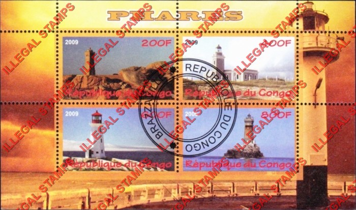 Congo Republic 2009 Lighthouses Illegal Stamp Souvenir Sheet of 4 (different)