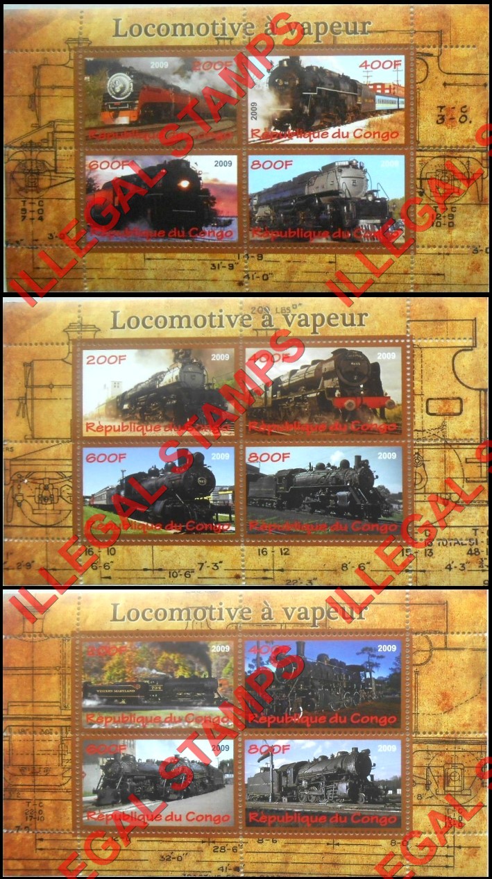 Congo Republic 2009 Locomotives Illegal Stamp Souvenir Sheets of 4