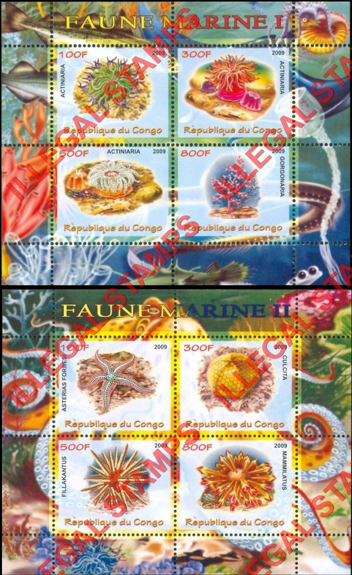Congo Republic 2009 Marine Fauna Illegal Stamp Souvenir Sheets of 4