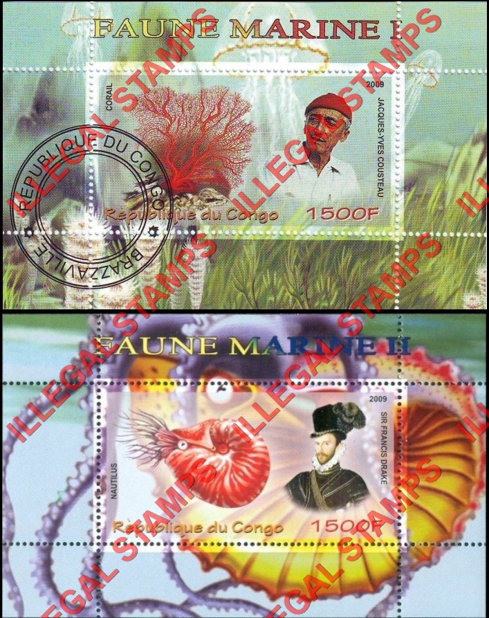 Congo Republic 2009 Marine Fauna Jauques Cousteau Sir Francis Drake Illegal Stamp Souvenir Sheets of 1