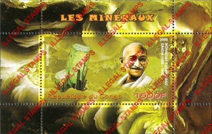 Congo Republic 2009 Minerals Gandhi Illegal Stamp Souvenir Sheet of 1