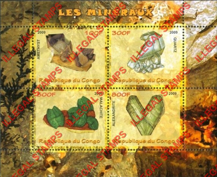 Congo Republic 2009 Minerals Illegal Stamp Souvenir Sheet of 4