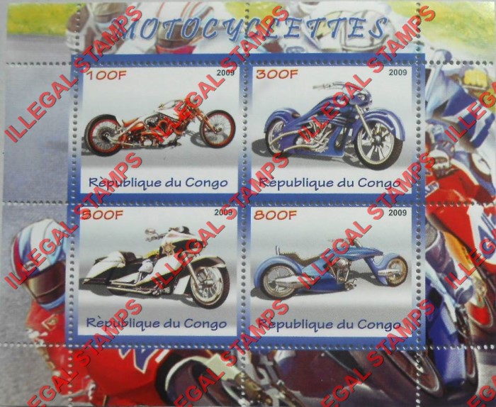 Congo Republic 2009 Motorcycles Illegal Stamp Souvenir Sheet of 4