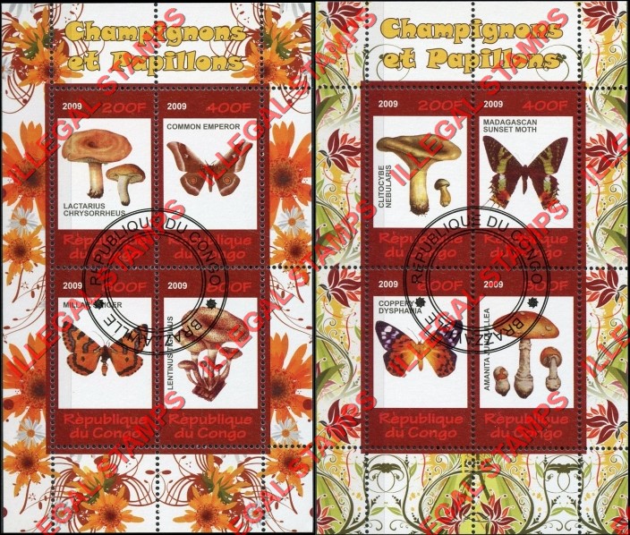 Congo Republic 2009 Mushrooms and Butterflies Illegal Stamp Souvenir Sheets of 4
