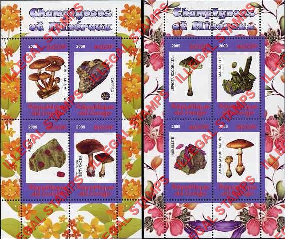 Congo Republic 2009 Mushrooms and Minerals Illegal Stamp Souvenir Sheets of 4