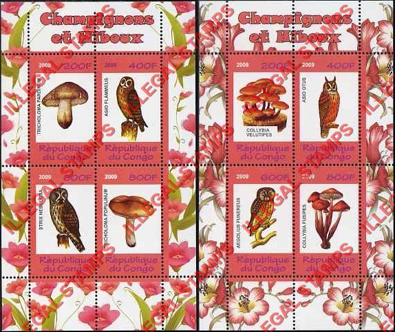 Congo Republic 2009 Mushrooms and Owls Illegal Stamp Souvenir Sheets of 4