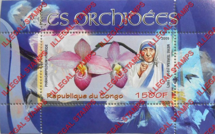 Congo Republic 2009 Orchids Mother Teresa Illegal Stamp Souvenir Sheet of 1