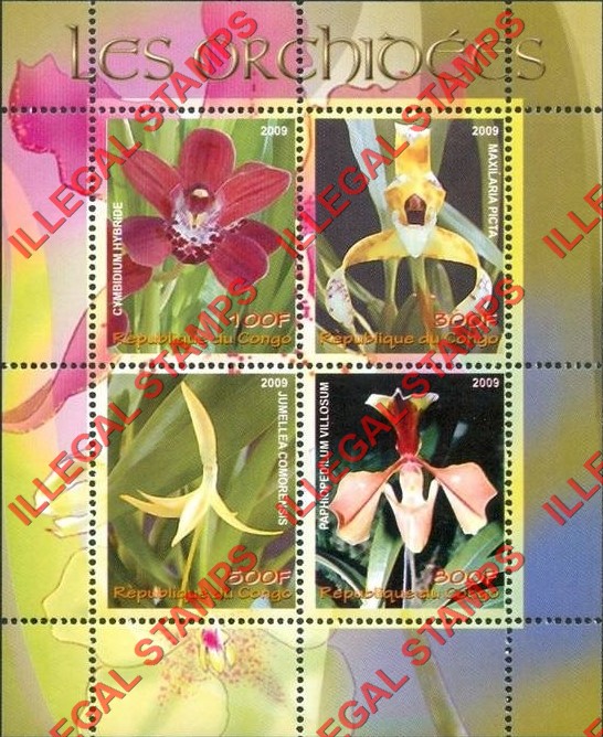 Congo Republic 2009 Orchids Illegal Stamp Souvenir Sheet of 4