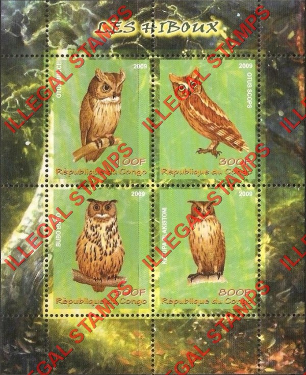 Congo Republic 2009 Owls Illegal Stamp Souvenir Sheet of 4