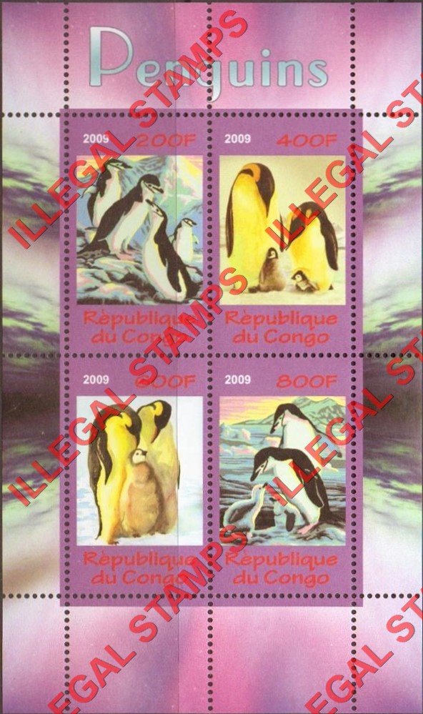 Congo Republic 2009 Penguins Illegal Stamp Souvenir Sheet of 4