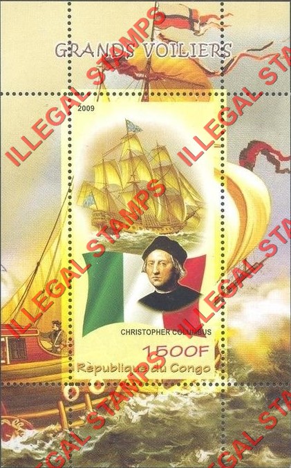 Congo Republic 2009 Sailing Ships Christopher Columbus Illegal Stamp Souvenir Sheet of 1