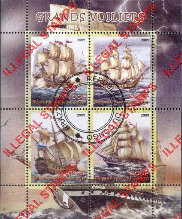 Congo Republic 2009 Sailing Ships Illegal Stamp Souvenir Sheet of 4