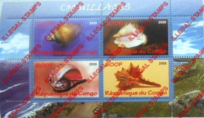 Congo Republic 2009 Shells Illegal Stamp Souvenir Sheet of 4