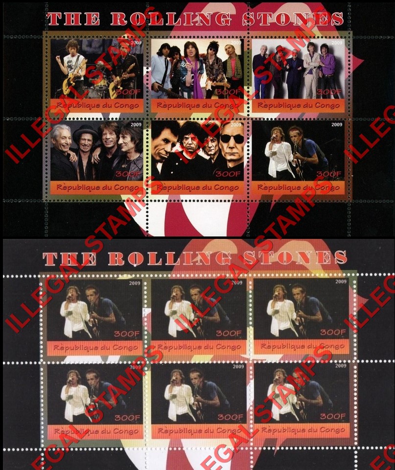 Congo Republic 2009 The Rolling Stones Illegal Stamp Souvenir Sheets of 6