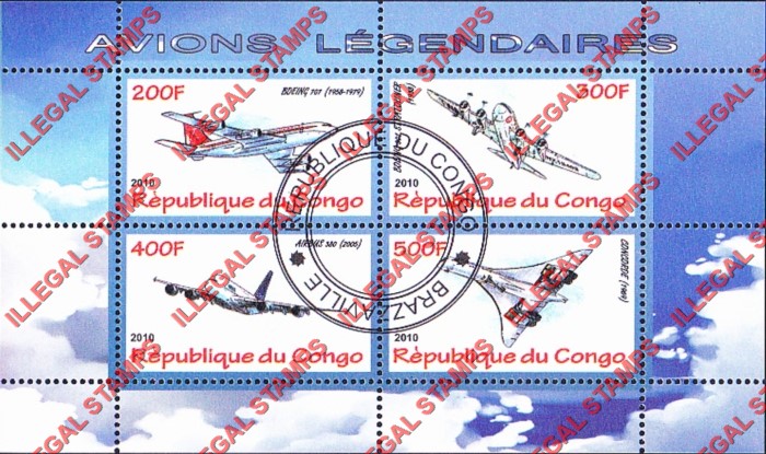 Congo Republic 2010 Legendary Aircraft Illegal Stamp Souvenir Sheet of 4