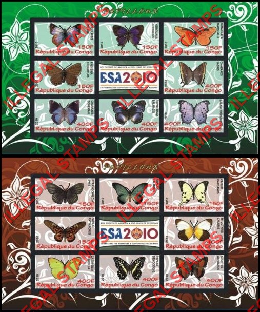 Congo Republic 2010 Butterflies Illegal Stamp Souvenir Sheets of 8 Plus Label
