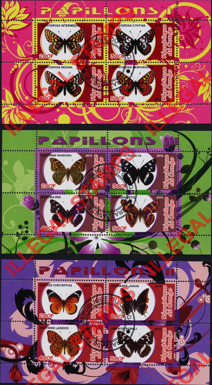 Congo Republic 2010 Butterflies Illegal Stamp Souvenir Sheets of 4