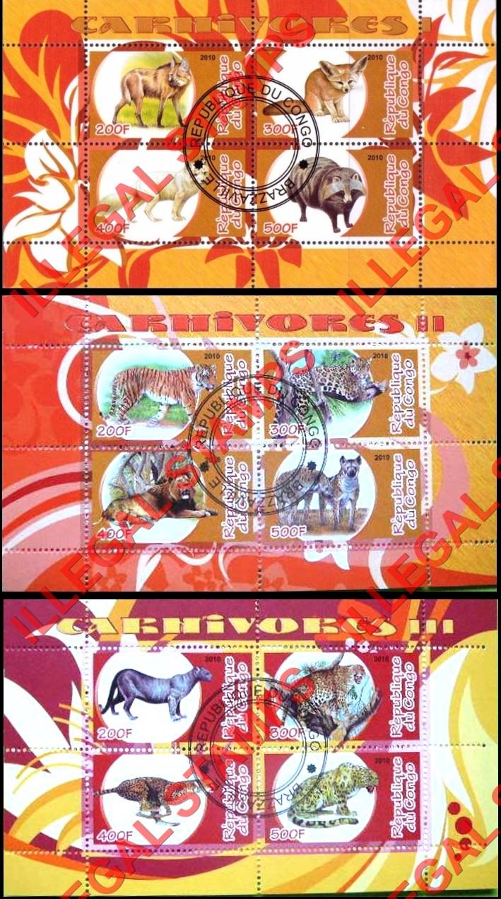 Congo Republic 2010 Carnivores Illegal Stamp Souvenir Sheets of 4 (Part 1)