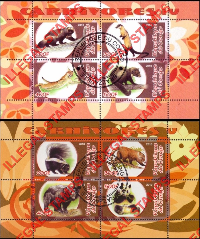 Congo Republic 2010 Carnivores Illegal Stamp Souvenir Sheets of 4 (Part 2)