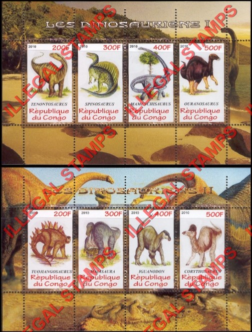 Congo Republic 2010 Dinosaurs Illegal Stamp Souvenir Sheets of 4