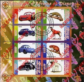Congo Republic 2010 Disney and Animals Illegal Stamp Souvenir Sheet of 8