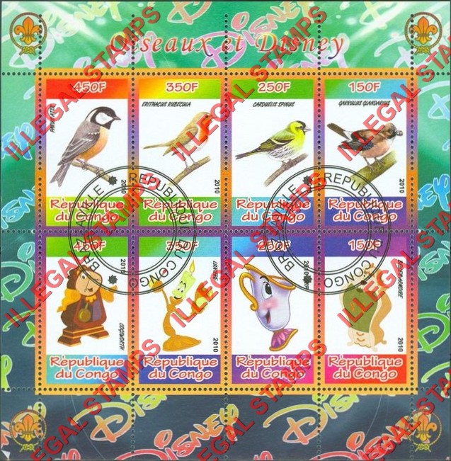 Congo Republic 2010 Disney and Birds Illegal Stamp Souvenir Sheet of 8