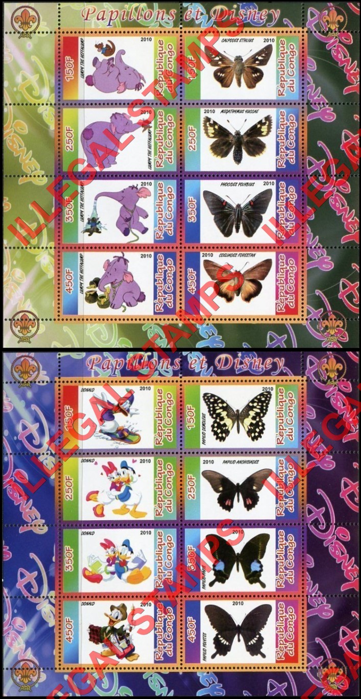 Congo Republic 2010 Disney and Butterflies Illegal Stamp Souvenir Sheets of 8