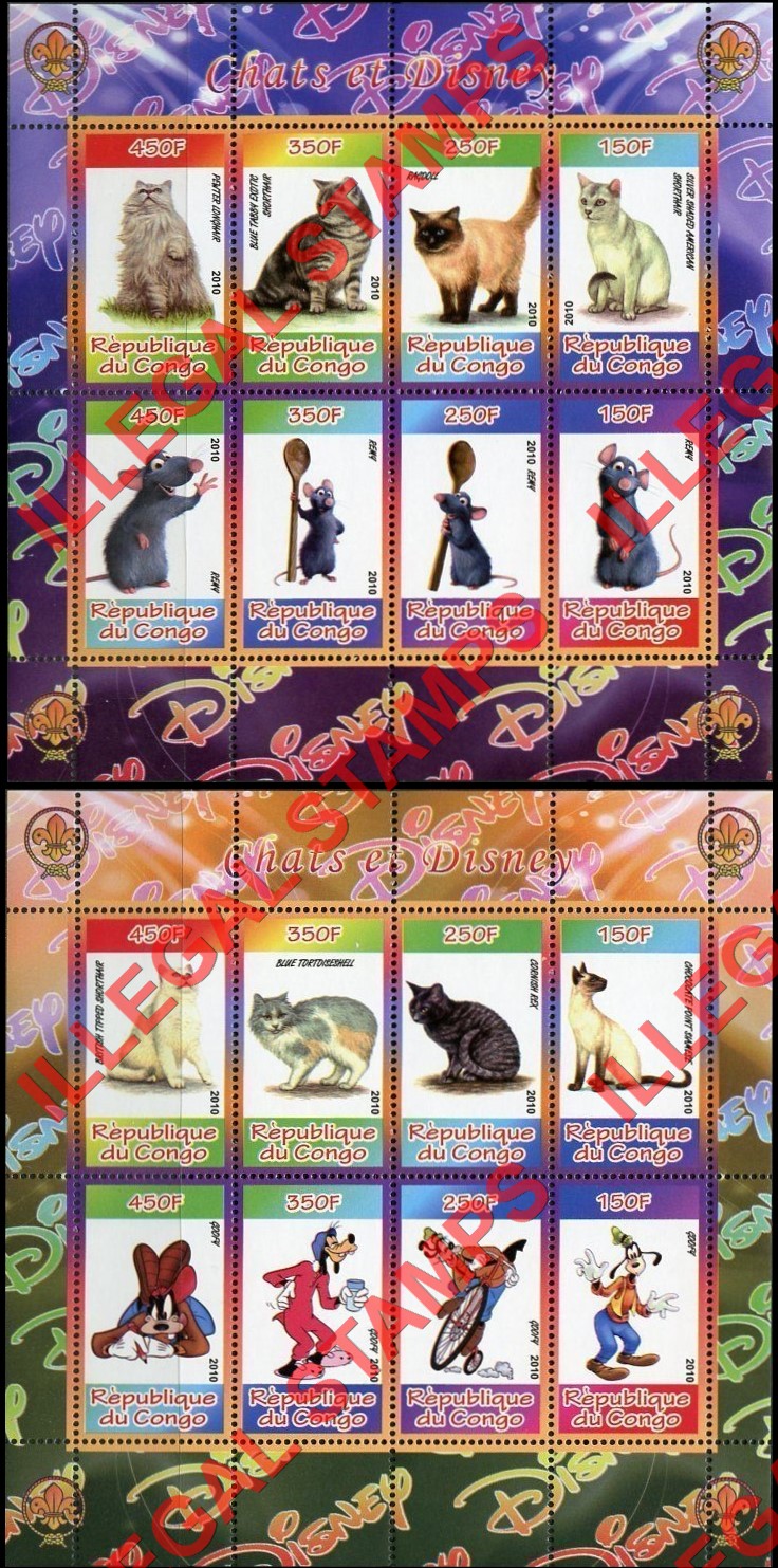 Congo Republic 2010 Disney and Cats Illegal Stamp Souvenir Sheets of 8