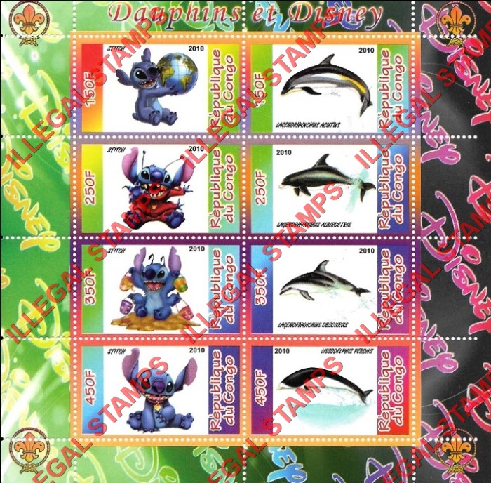 Congo Republic 2010 Disney and Dolphins Illegal Stamp Souvenir Sheet of 8