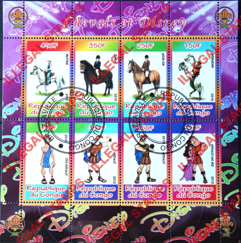 Congo Republic 2010 Disney and Horses Illegal Stamp Souvenir Sheet of 8