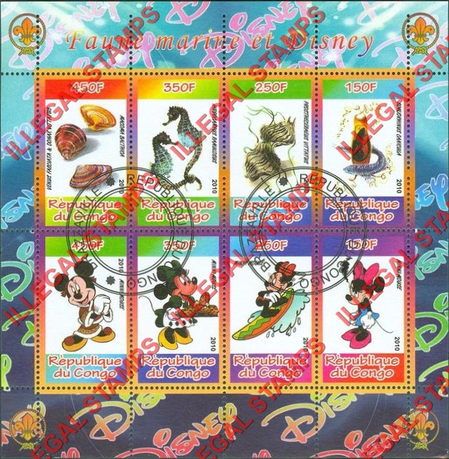Congo Republic 2010 Disney and Marine Fauna Illegal Stamp Souvenir Sheet of 8