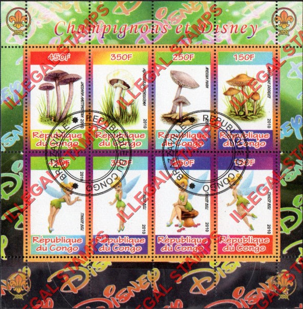 Congo Republic 2010 Disney and Mushrooms Illegal Stamp Souvenir Sheet of 8