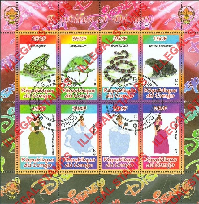 Congo Republic 2010 Disney and Reptiles Illegal Stamp Souvenir Sheet of 8