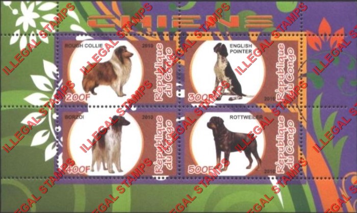 Congo Republic 2010 Dogs Illegal Stamp Souvenir Sheet of 4