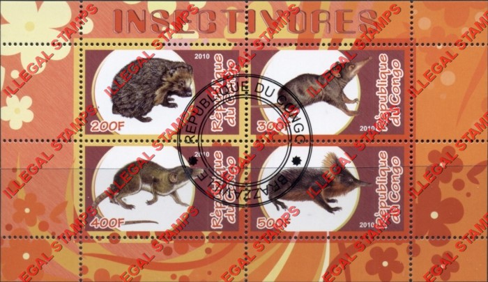 Congo Republic 2010 Insectivores Illegal Stamp Souvenir Sheet of 4