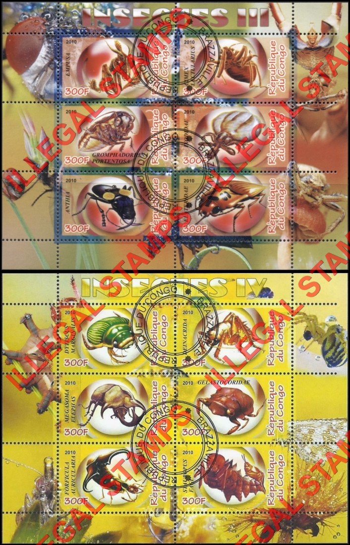 Congo Republic 2010 Insects Illegal Stamp Souvenir Sheets of 6 (Part 2)
