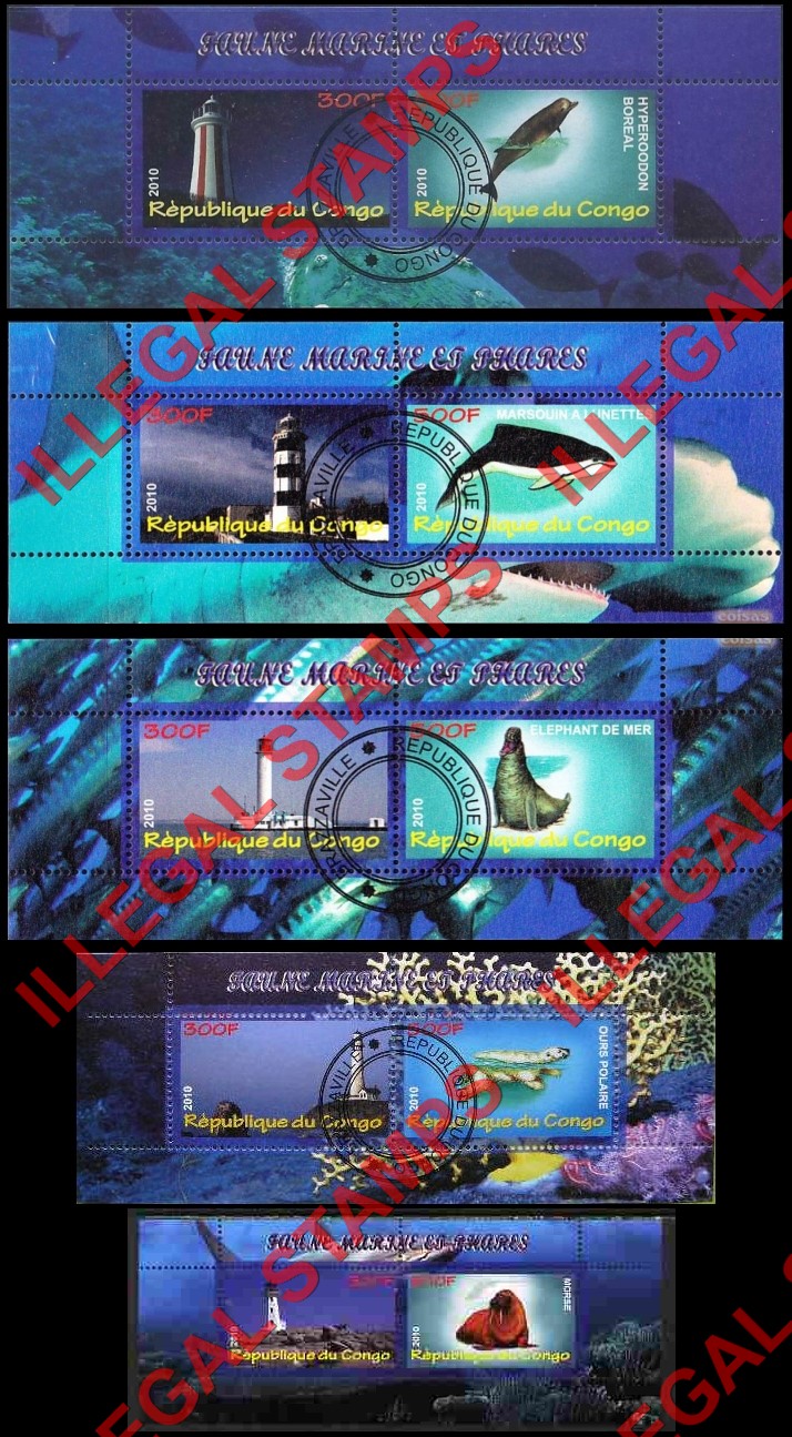 Congo Republic 2010 Lighthouses and Marine Fauna Illegal Stamp Souvenir Sheets of 2