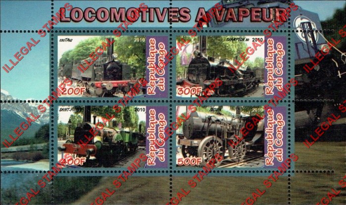 Congo Republic 2010 Locomotives Illegal Stamp Souvenir Sheet of 4