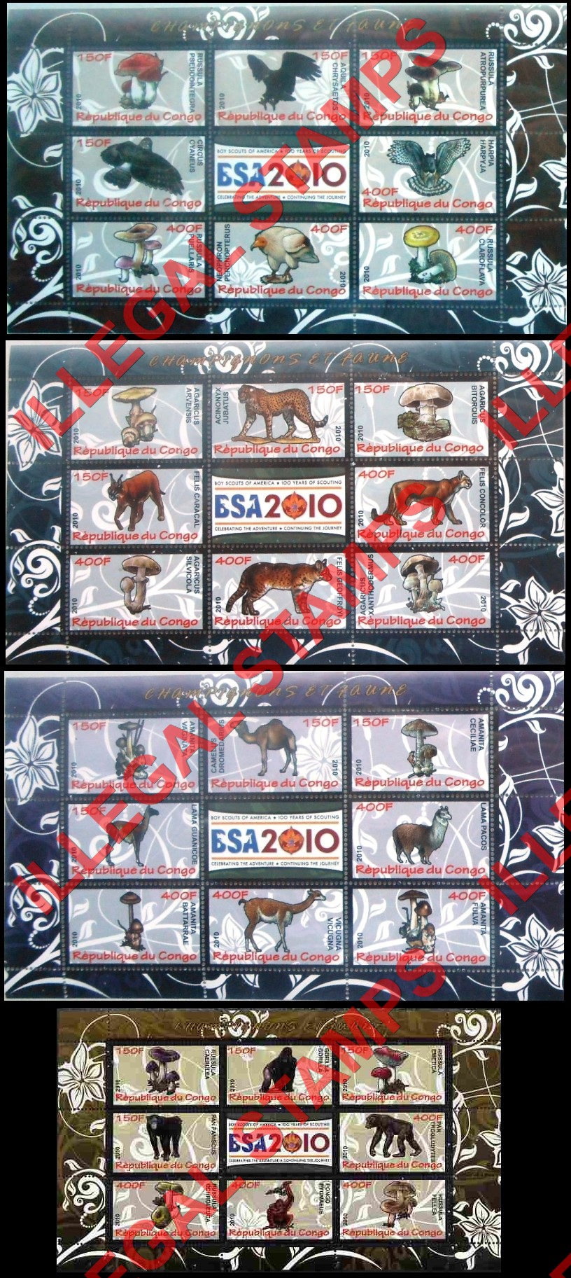 Congo Republic 2010 Mushrooms and Fauna Illegal Stamp Souvenir Sheets of 8 Plus Label (Part 3)